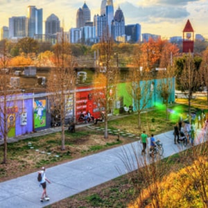 People walking and biking on the path at the Atlanta BeltLine.